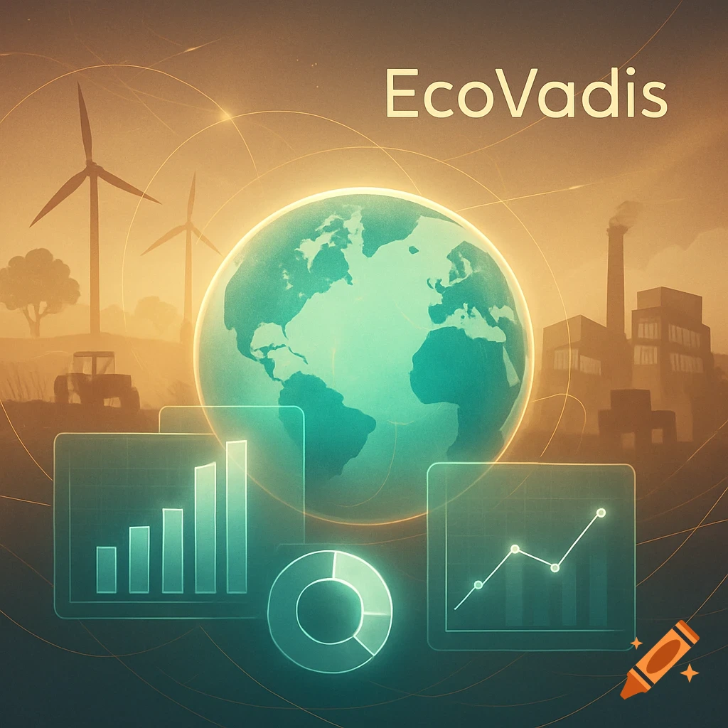 Stylized image of a glowing teal globe, wind turbines, and factories, with data charts in the foreground. Text 'EcoVadis'.