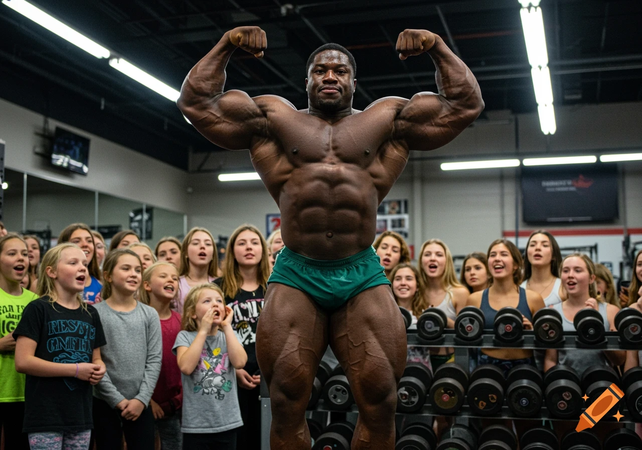 A heavily muscled black bodybuilder flexes his biceps while a group of young girls watch in awe at a gym.
