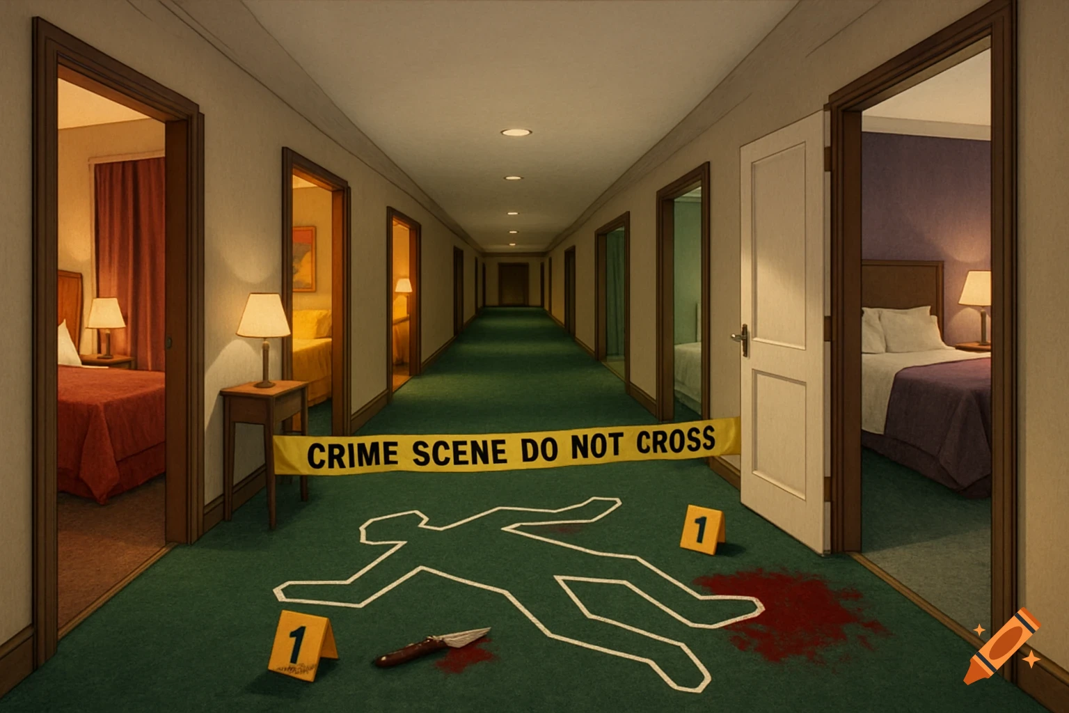 A cartoon-style image of a hotel hallway taped off as a crime scene, featuring a chalk outline, knife, bloodstain, and yellow caution tape.