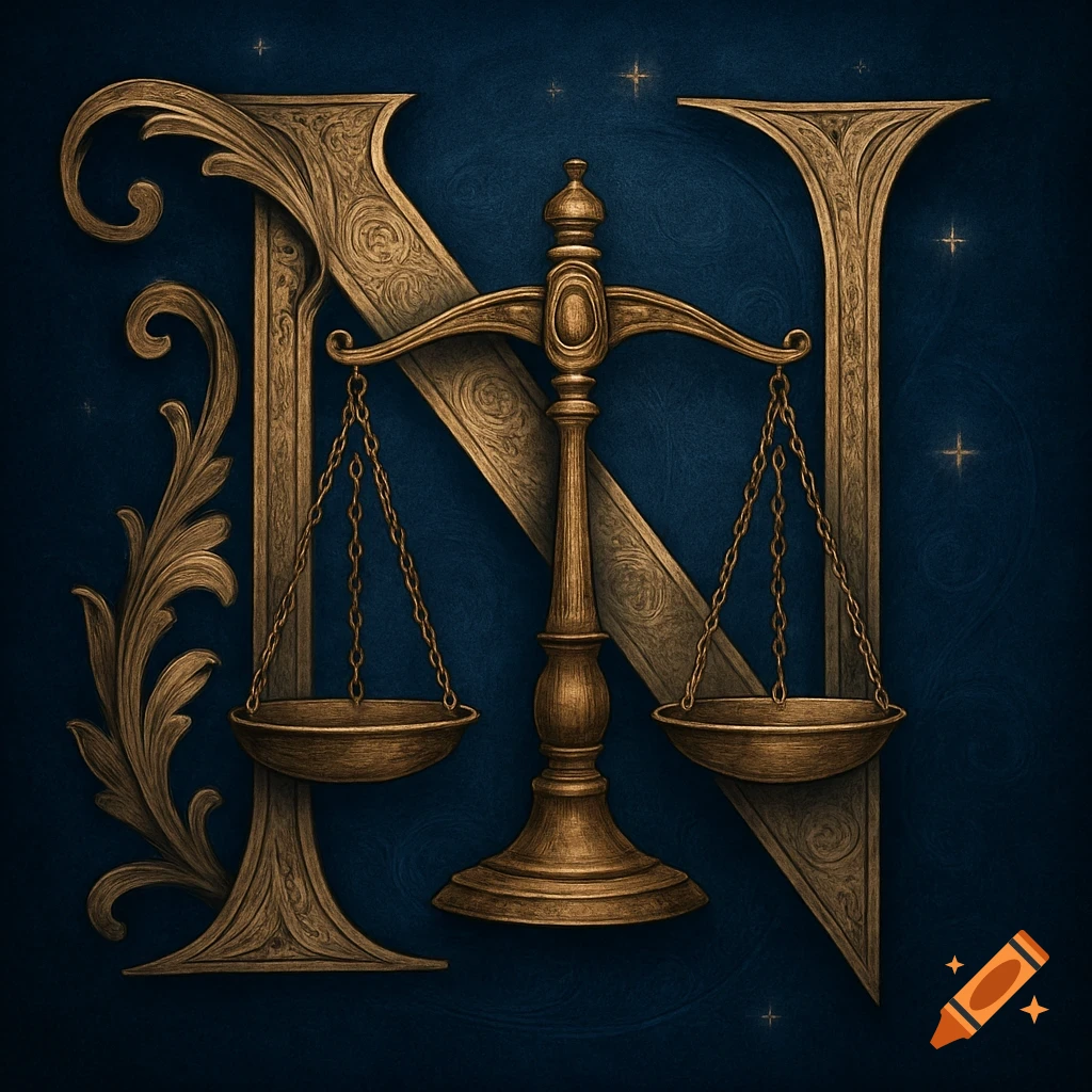 Ornamental bronze letter N interwoven with a detailed libra scale against a dark blue background with faint stars.