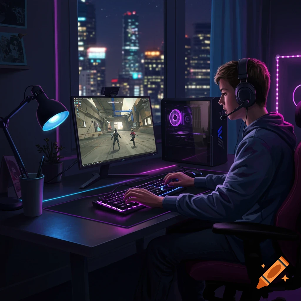 A young gamer wearing headphones plays on a high-performance computer setup with neon lighting, city skyline visible outside the window.
