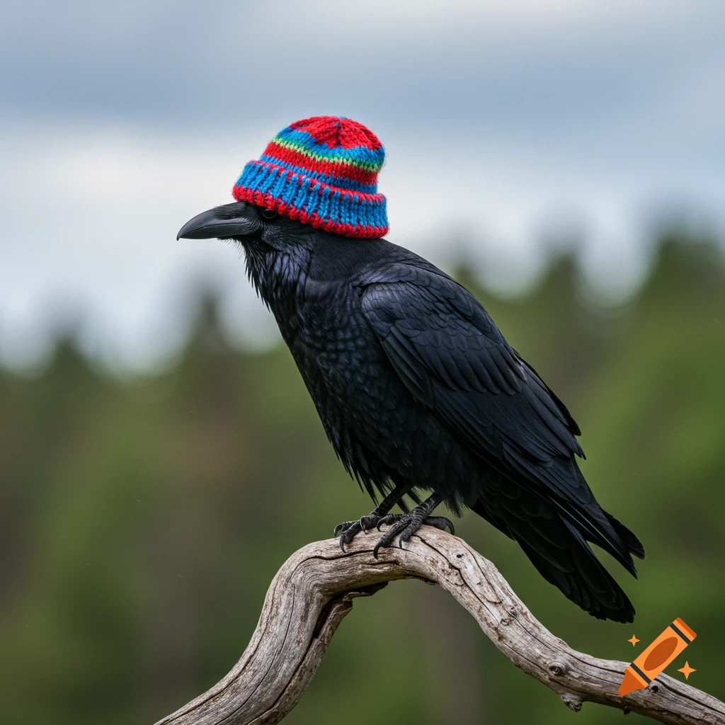 A photorealistic black raven wearing a red, blue, and green striped knitted beanie perched on a branch.