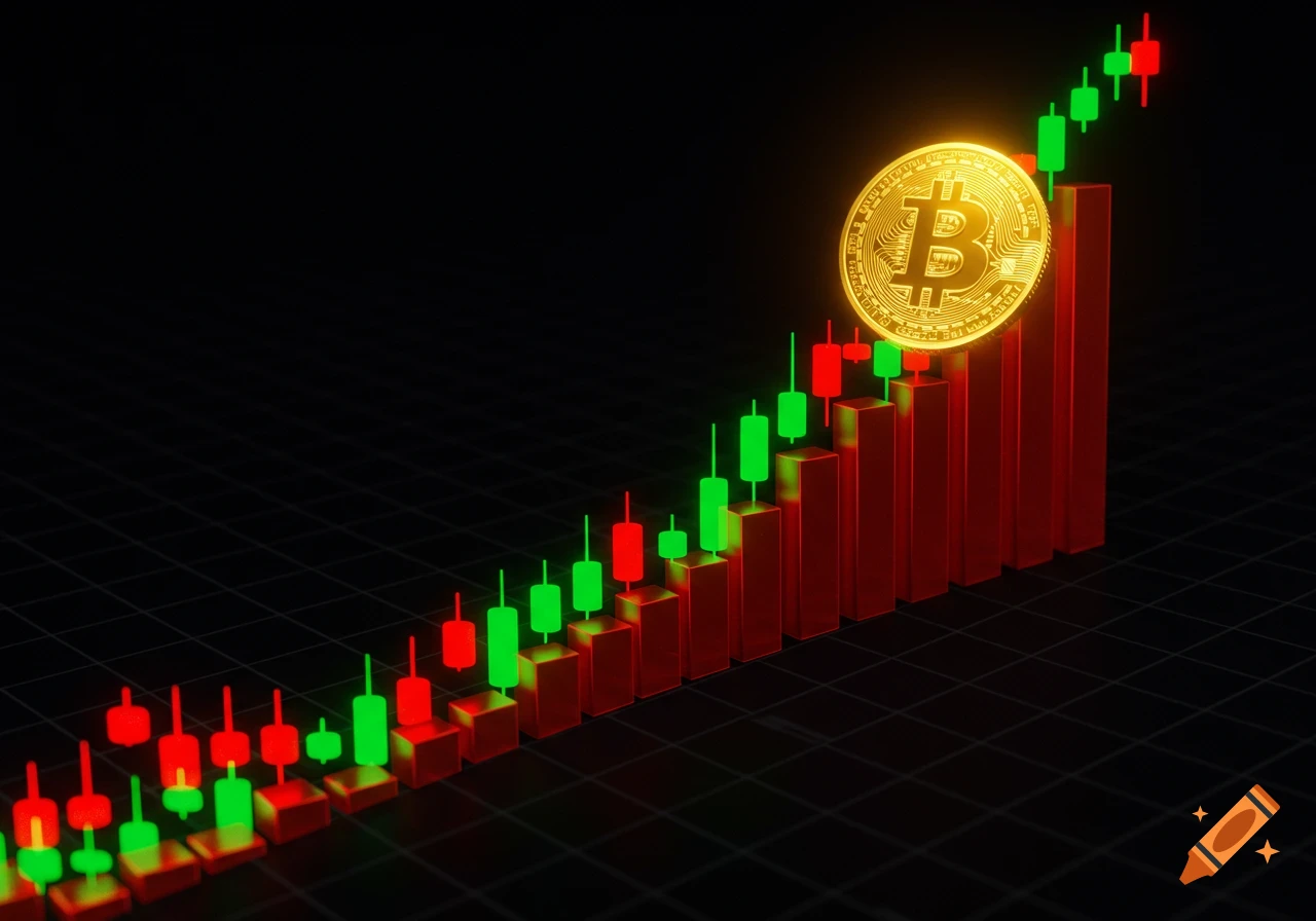 A golden Bitcoin coin rests atop an upward-trending red and green candlestick chart on a dark, grid background.