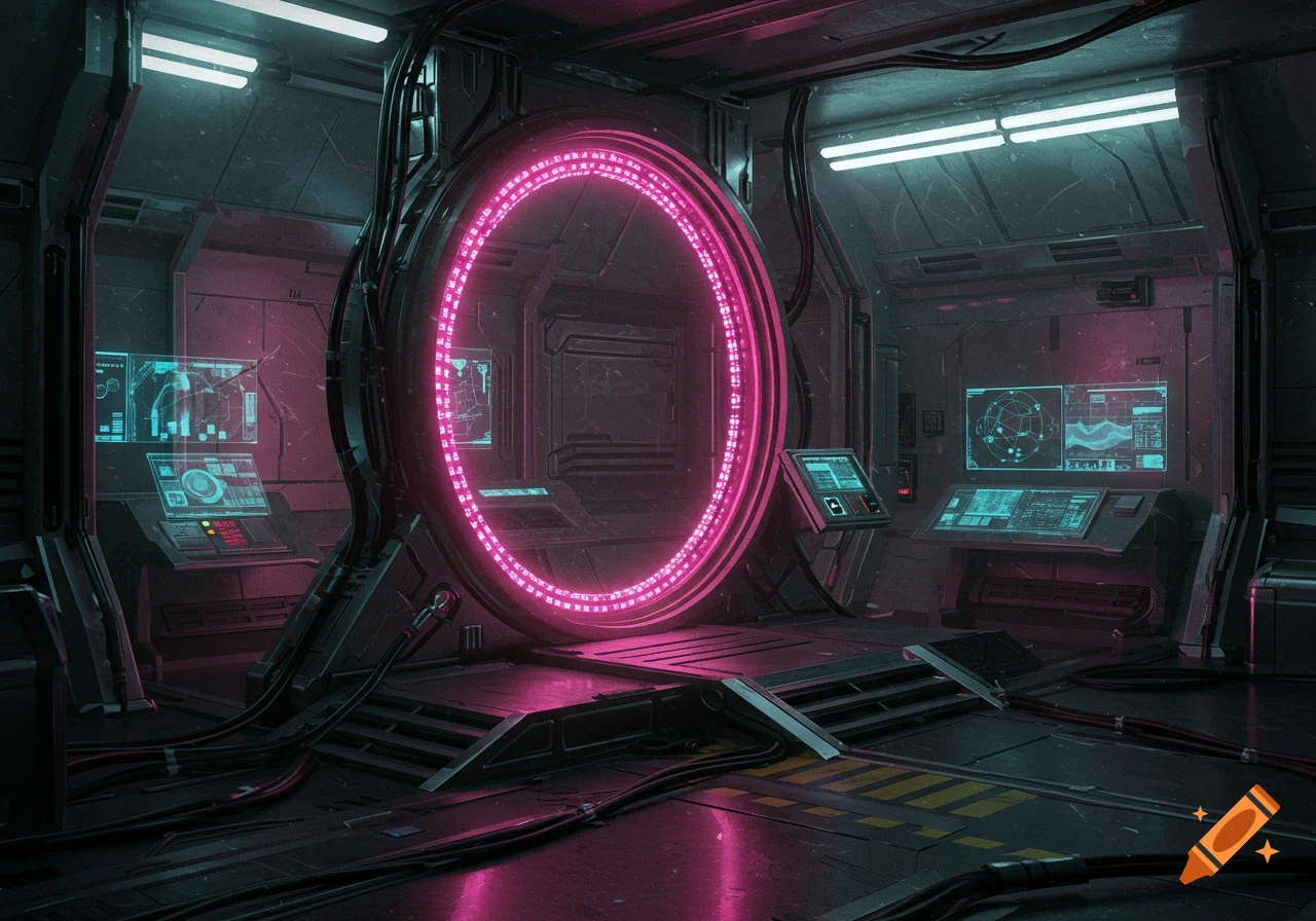 A dark, futuristic sci-fi room with a large, glowing pink circular portal in the center, surrounded by control panels and screens with neon lighting.