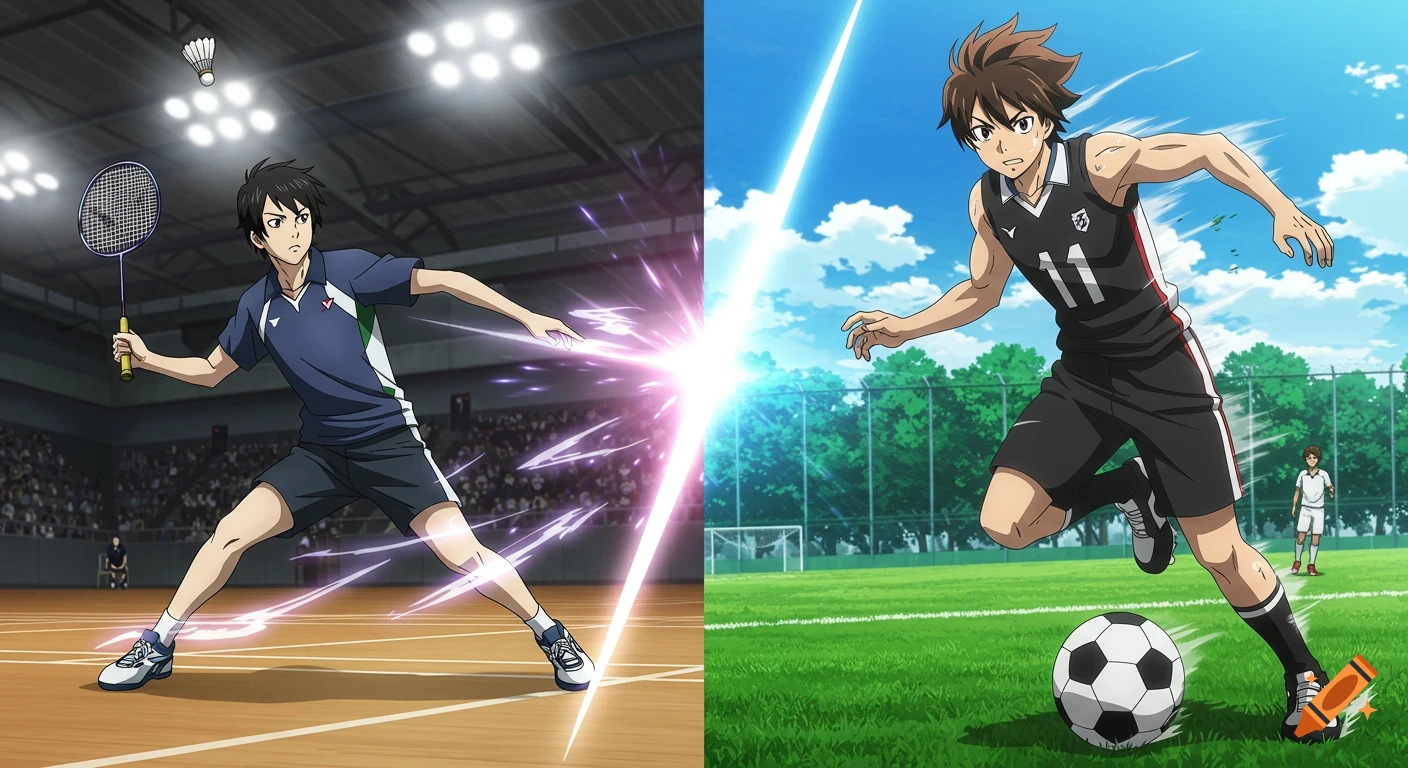 Split-screen anime scene showing a teenage boy playing badminton indoors on the left, and another boy playing football outdoors on the right, separated by a glowing energy divider.