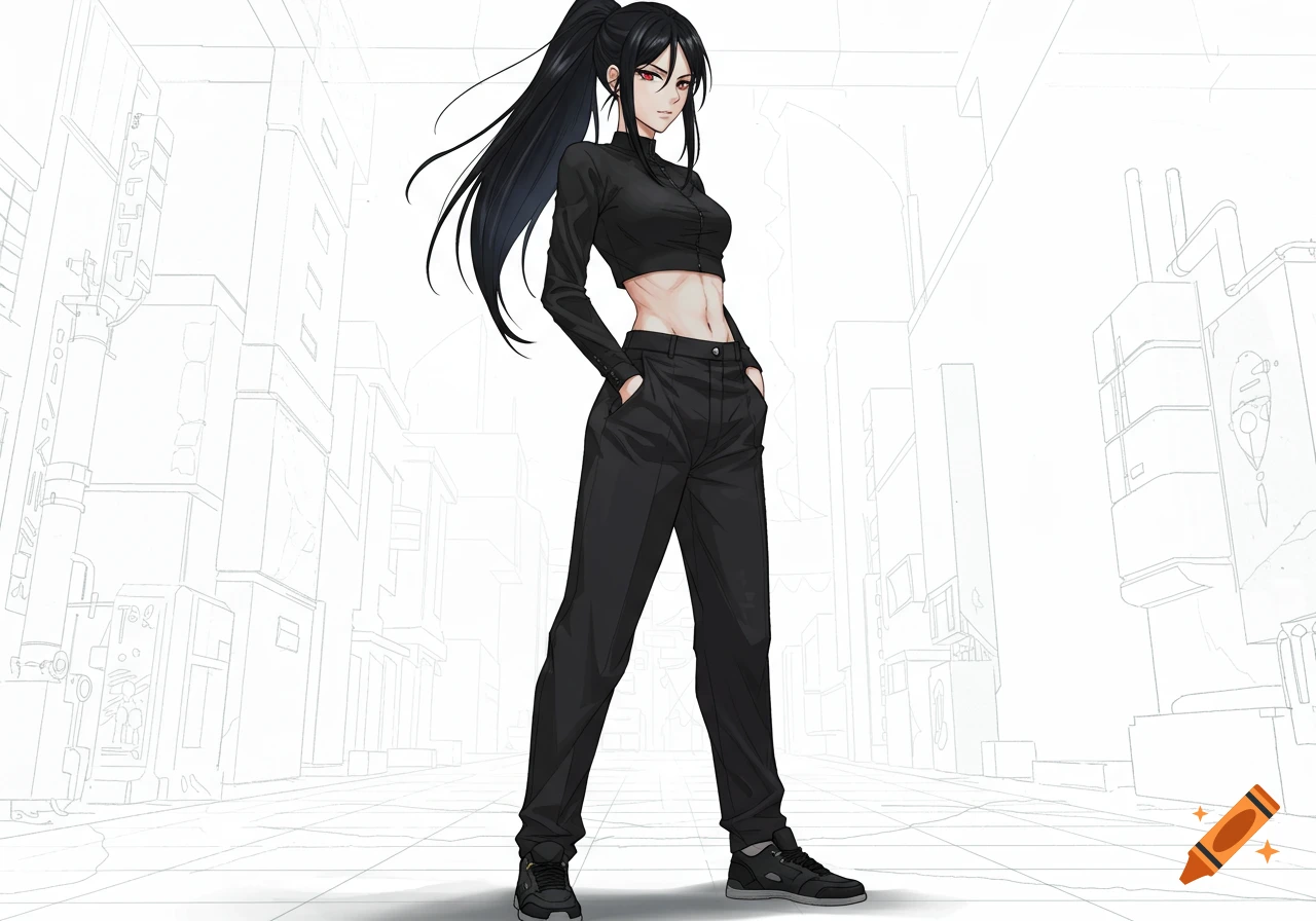 An anime woman with black hair in a ponytail wears a black crop top and pants, hands in pockets, against a simple white city sketch.