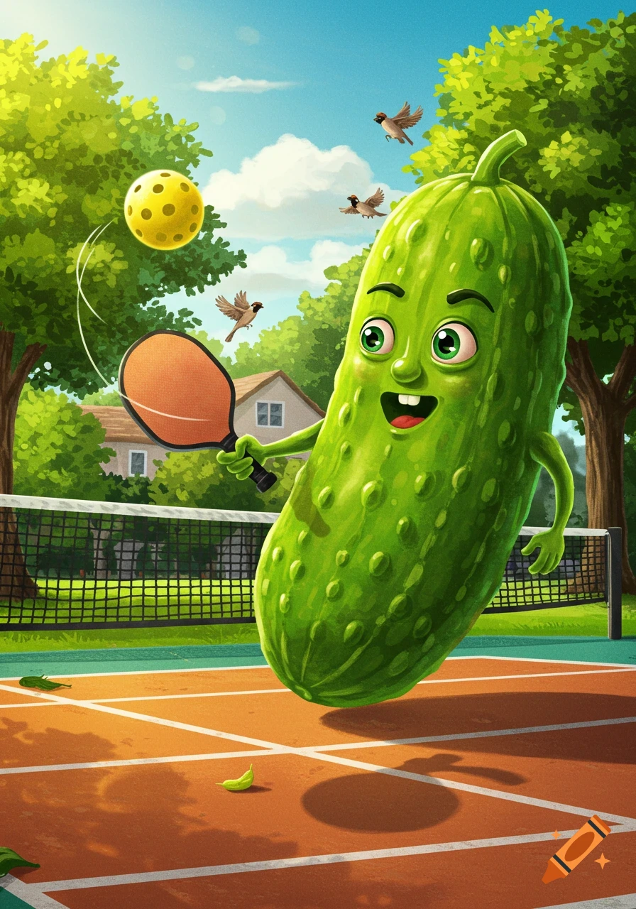 A happy cartoon pickle character with a paddle plays pickleball on an outdoor court, with trees and a house in the background.