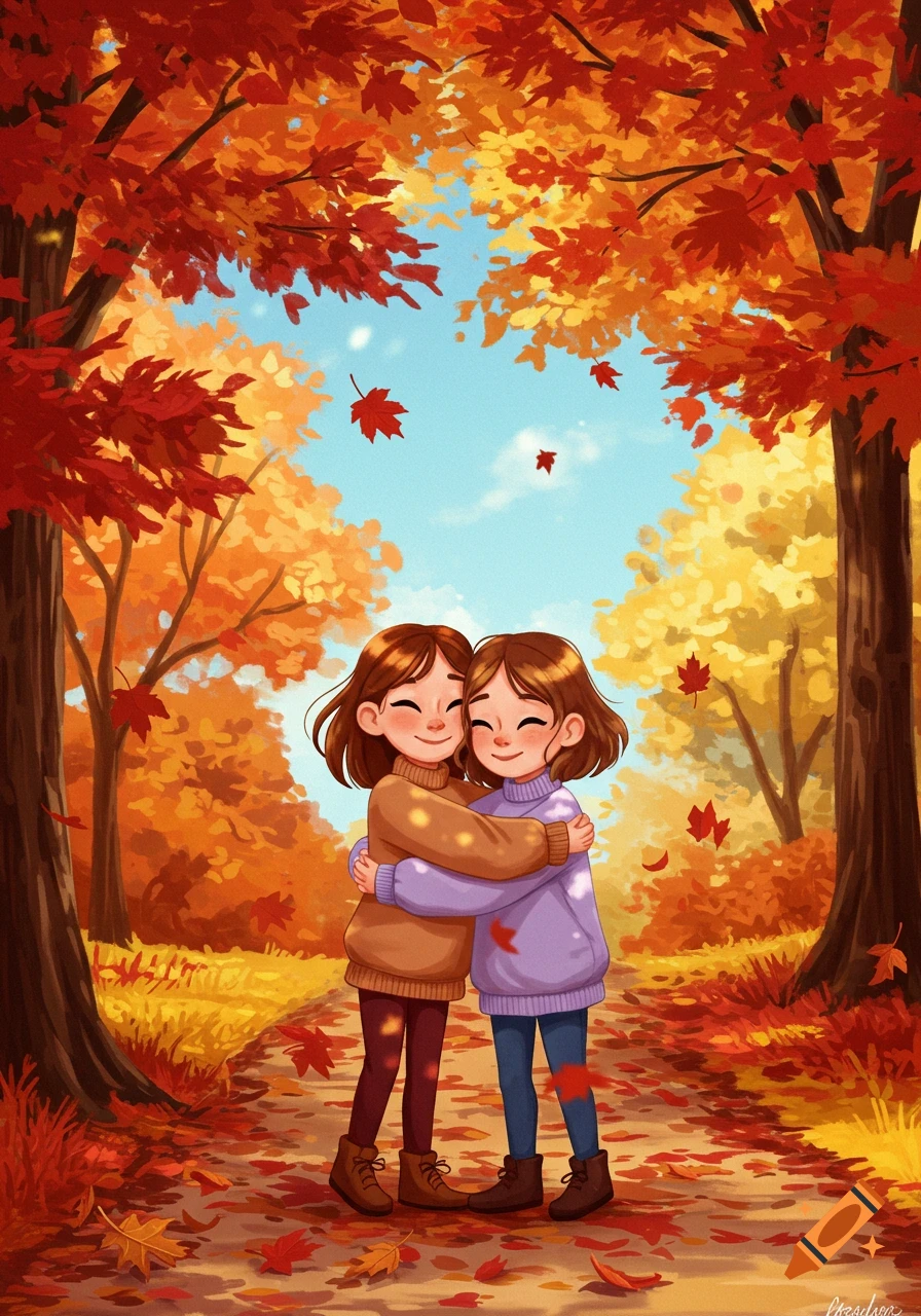 Two cute cartoon girls hug on an autumn path surrounded by colorful trees and falling leaves.
