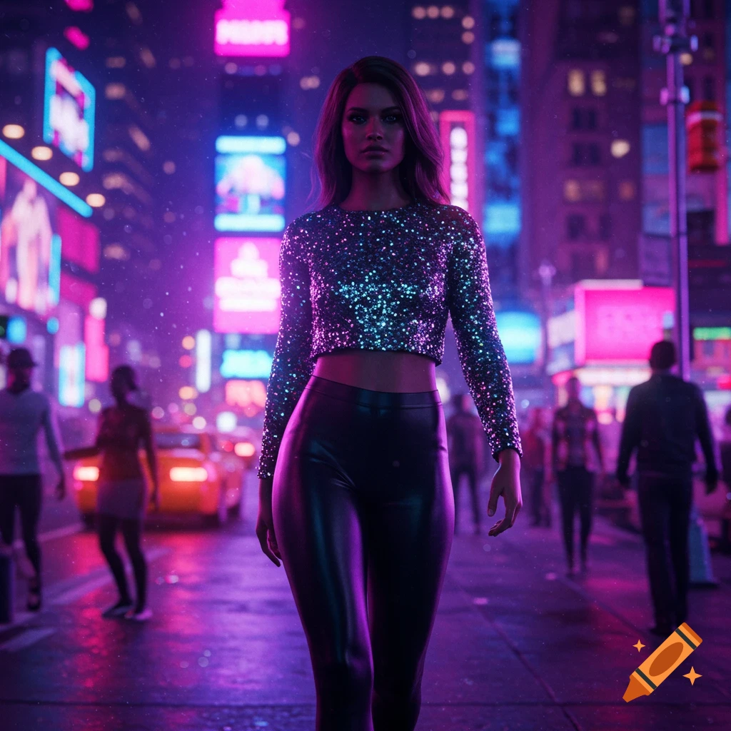 Woman in sequin crop top and leather leggings walks through a vibrant, neon-lit city street at night.