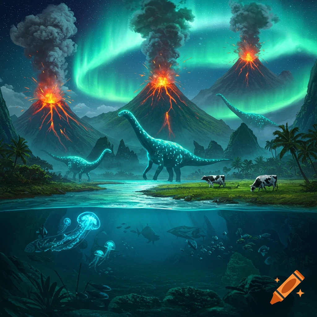 Vibrant fantasy landscape with bioluminescent dinosaurs, erupting volcanoes, aurora, grazing cows, and an underwater scene with jellyfish.