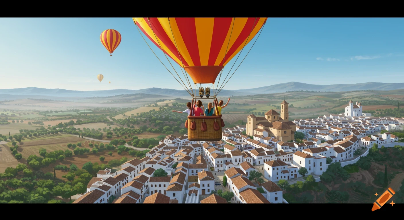 People in a hot air balloon fly over a white-walled town and green landscape under a blue sky, in an illustrative style.
