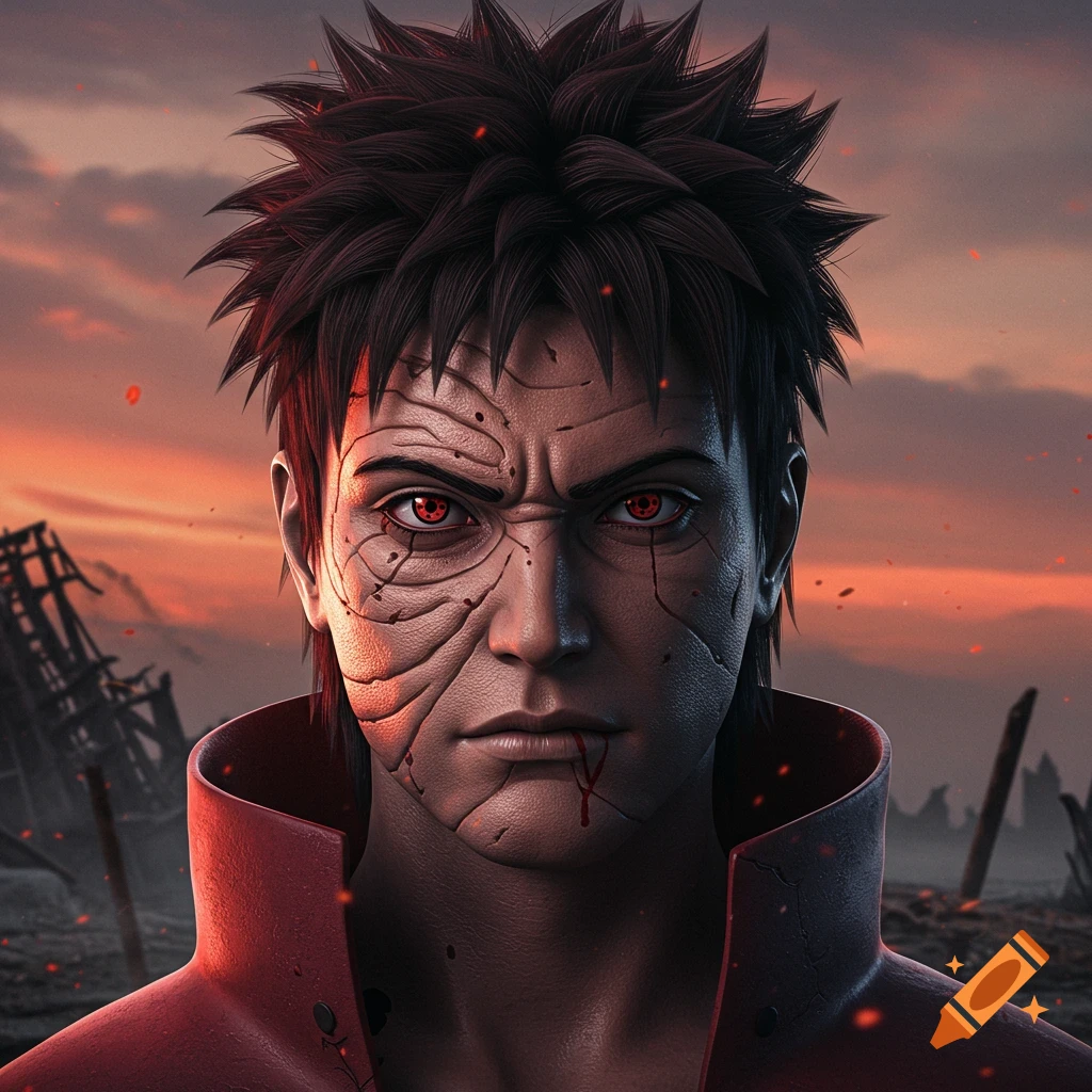 Realistic portrait of Obito Uchiha with scarred face, glowing red eyes, and red coat, against a fiery sunset.