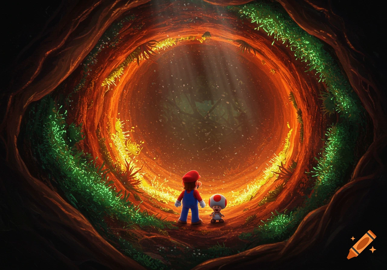 Mario and Toad face a bright, glowing portal in a root-lined, fantastical cave.
