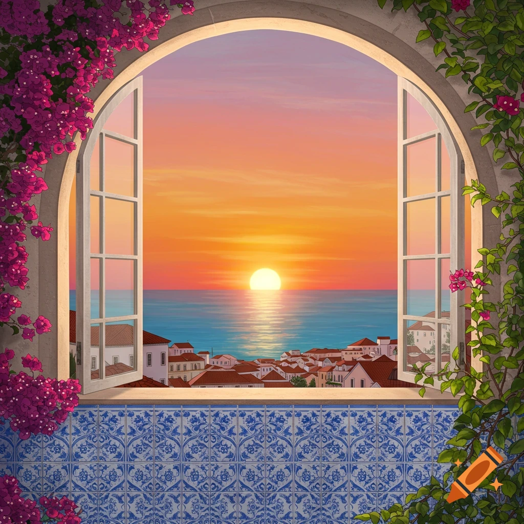 An arched window adorned with pink bougainvillea and green vines offers a view of a coastal town and sea at sunset, above blue tiles.