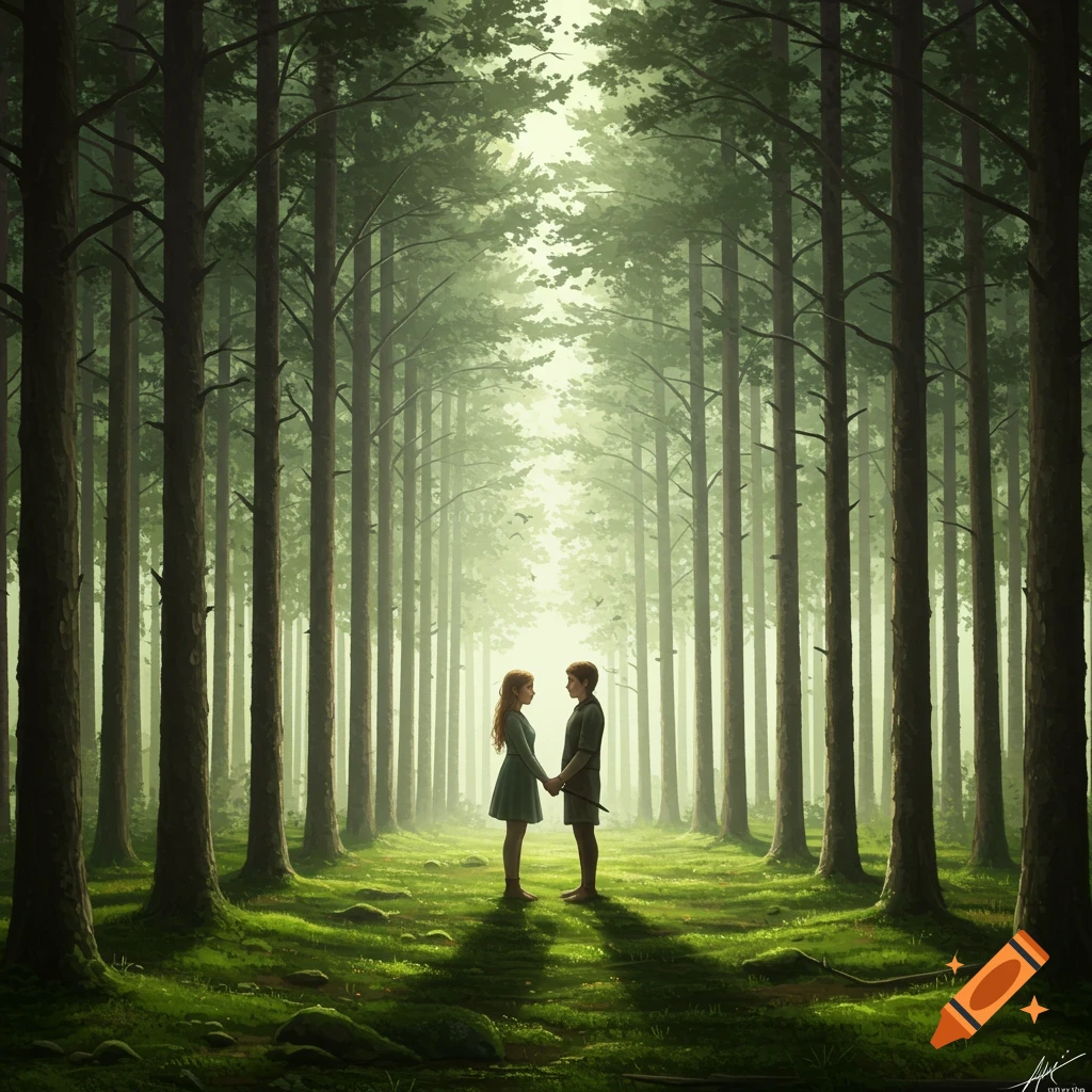 Illustration of a young boy and girl holding hands in a sunlit, mossy forest with tall trees.