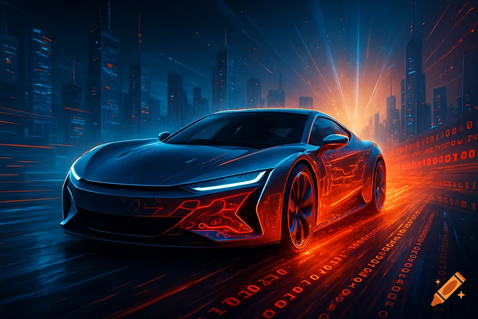 A sleek, dark blue futuristic sports car with glowing blue and orange circuit patterns speeds through a cyberpunk city at night, with binary code on the road.