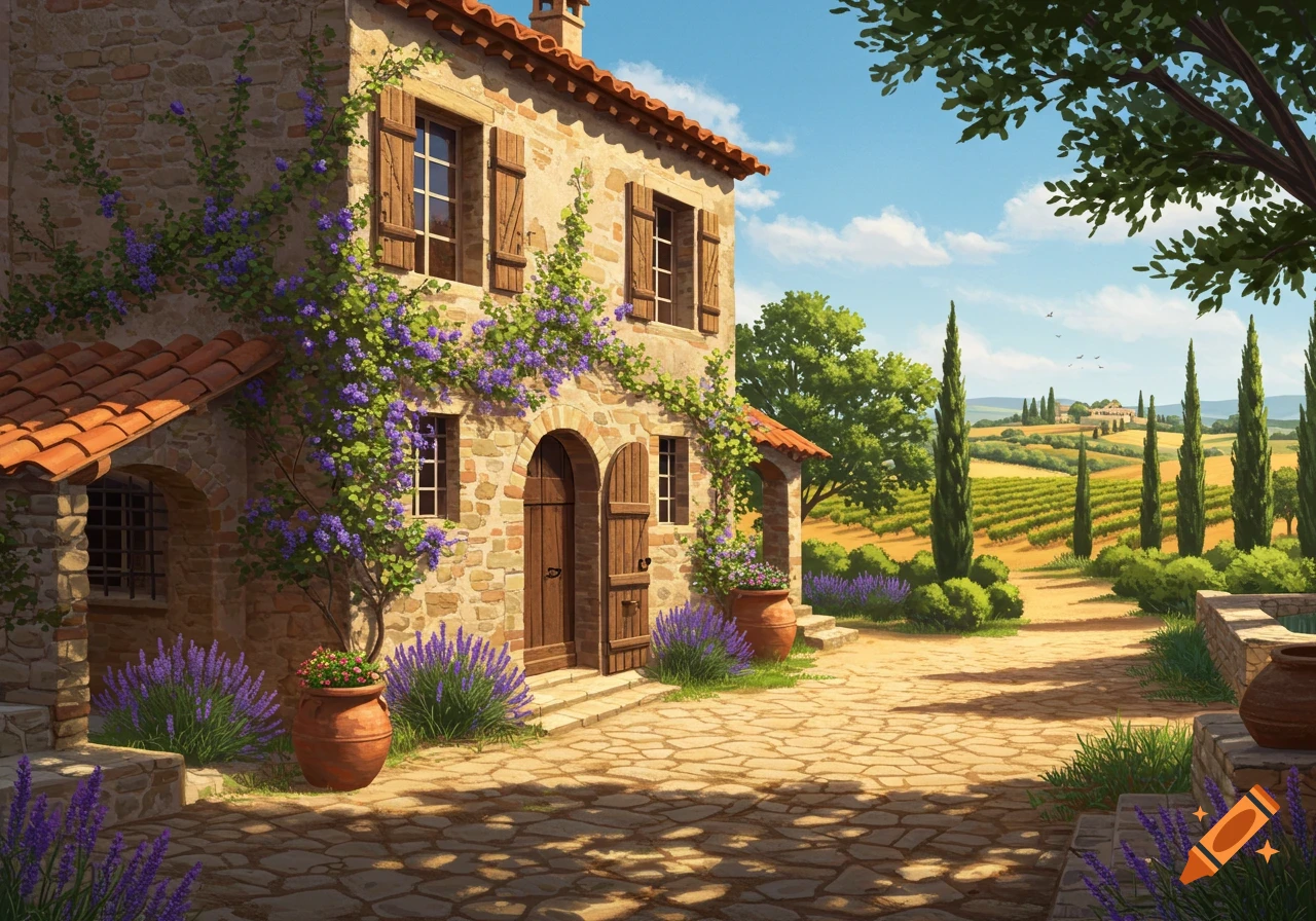 Illustrative painting of a stone Provençal house with purple bougainvillea and lavender, leading to vineyards and cypress trees under a blue sky.