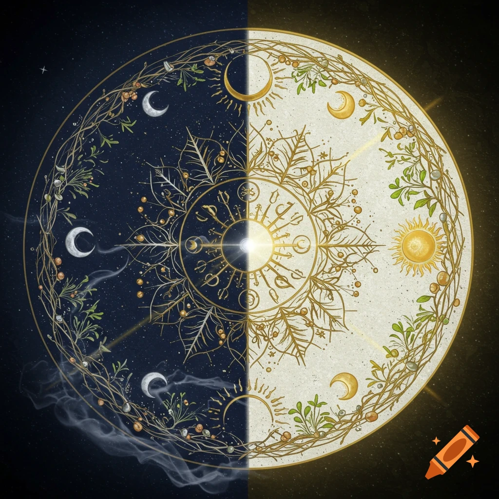 A celestial mandala split into dark night and bright day halves, adorned with golden suns, moons, stars, and intertwining botanical vines.