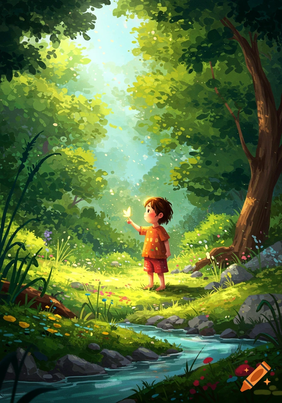 A small child stands barefoot in a lush, magical forest with a glowing butterfly perched on their finger, a stream flows nearby.