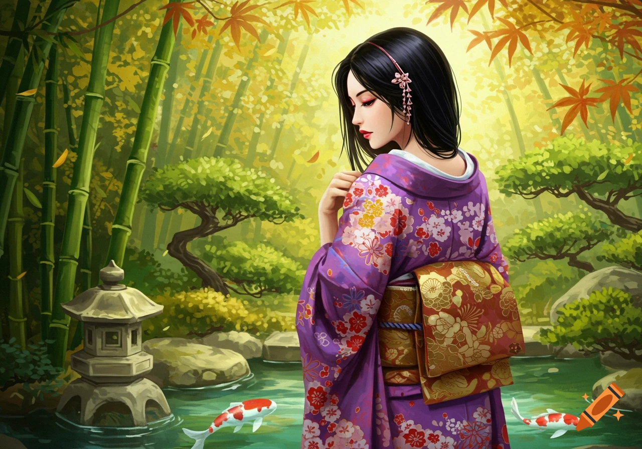 Artistic illustration of a beautiful Japanese woman in a purple kimono, looking over her shoulder in a serene garden with bamboo and koi fish.