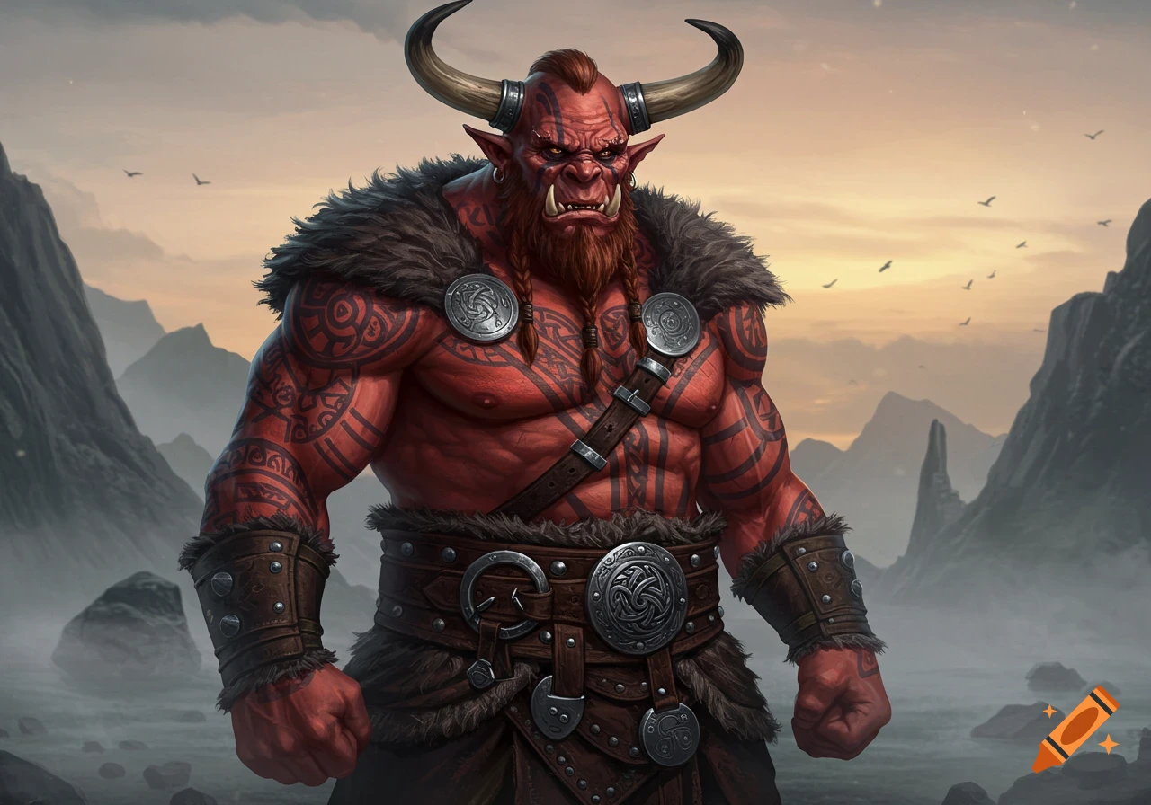 A muscular red-skinned Viking troll with large horns, black tattoos, and fur clothing stands in a foggy mountain landscape.