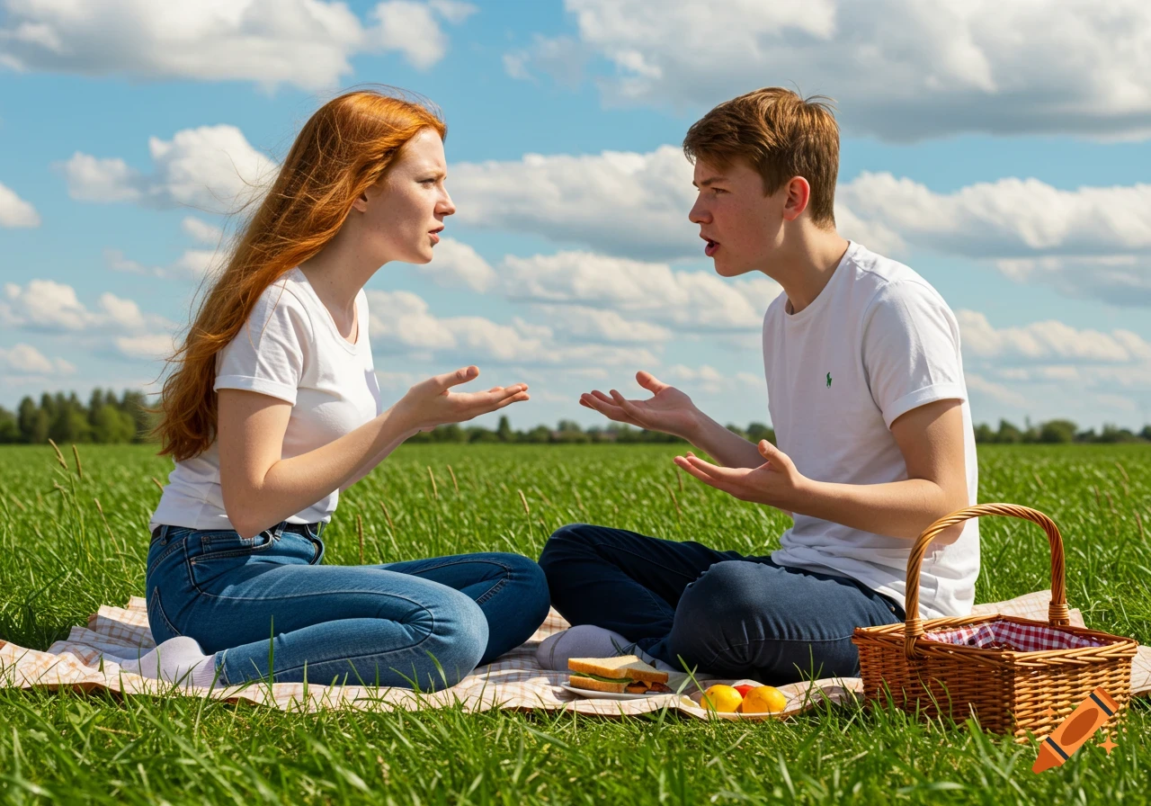 Two teenagers with red hair argue passionately while sitting on a picnic blanket in a green field under a blue sky.