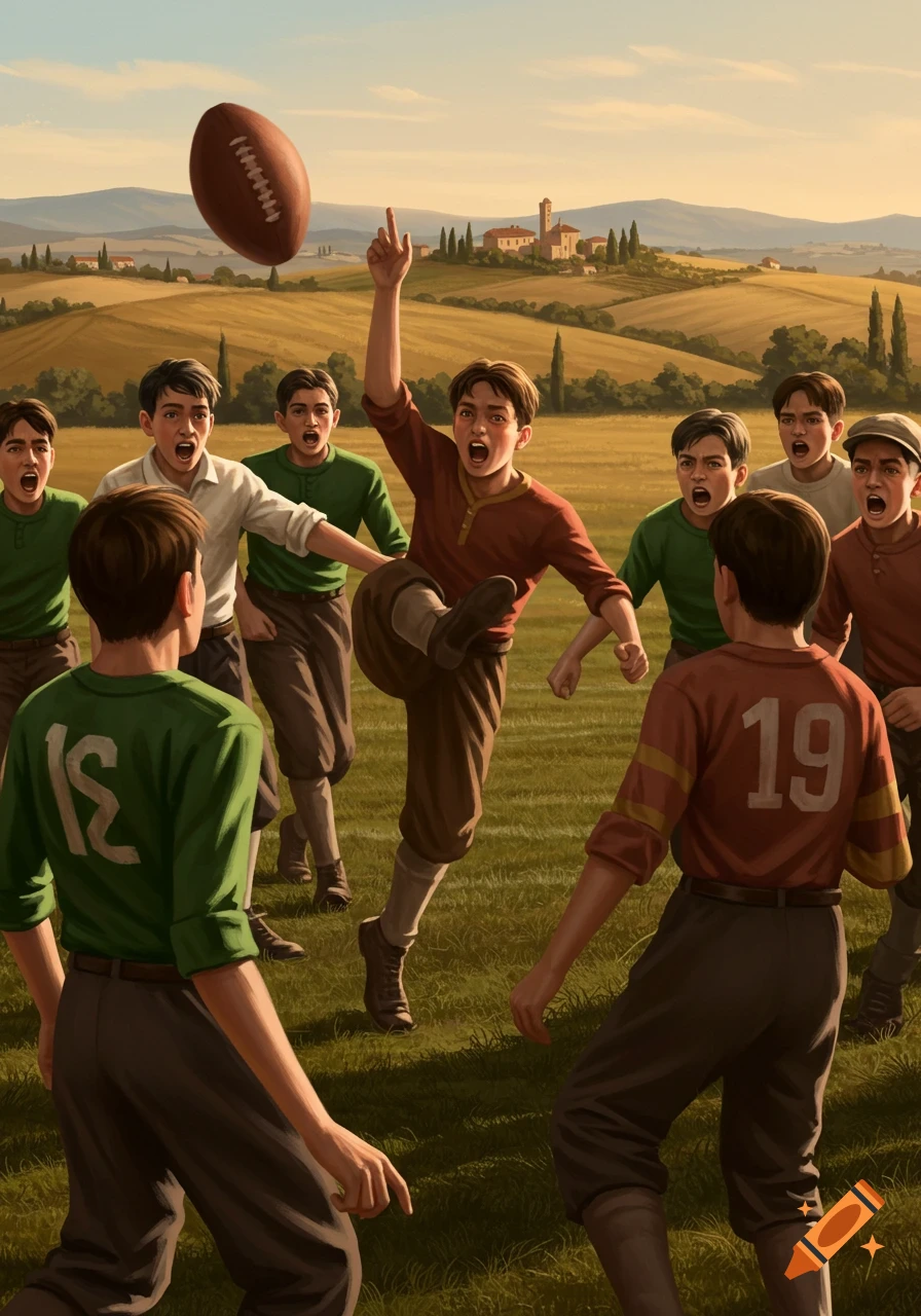 Young men in 1900s football uniforms play in a field under a blue sky, with rolling hills and buildings in the background. One player kicks a ball, while others watch with open mouths.