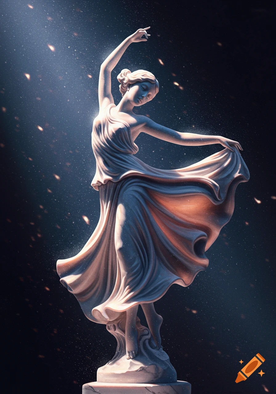 Luminous marble statue of a dancing woman with flowing drapery against a dark, star-dusted background, lit from above.