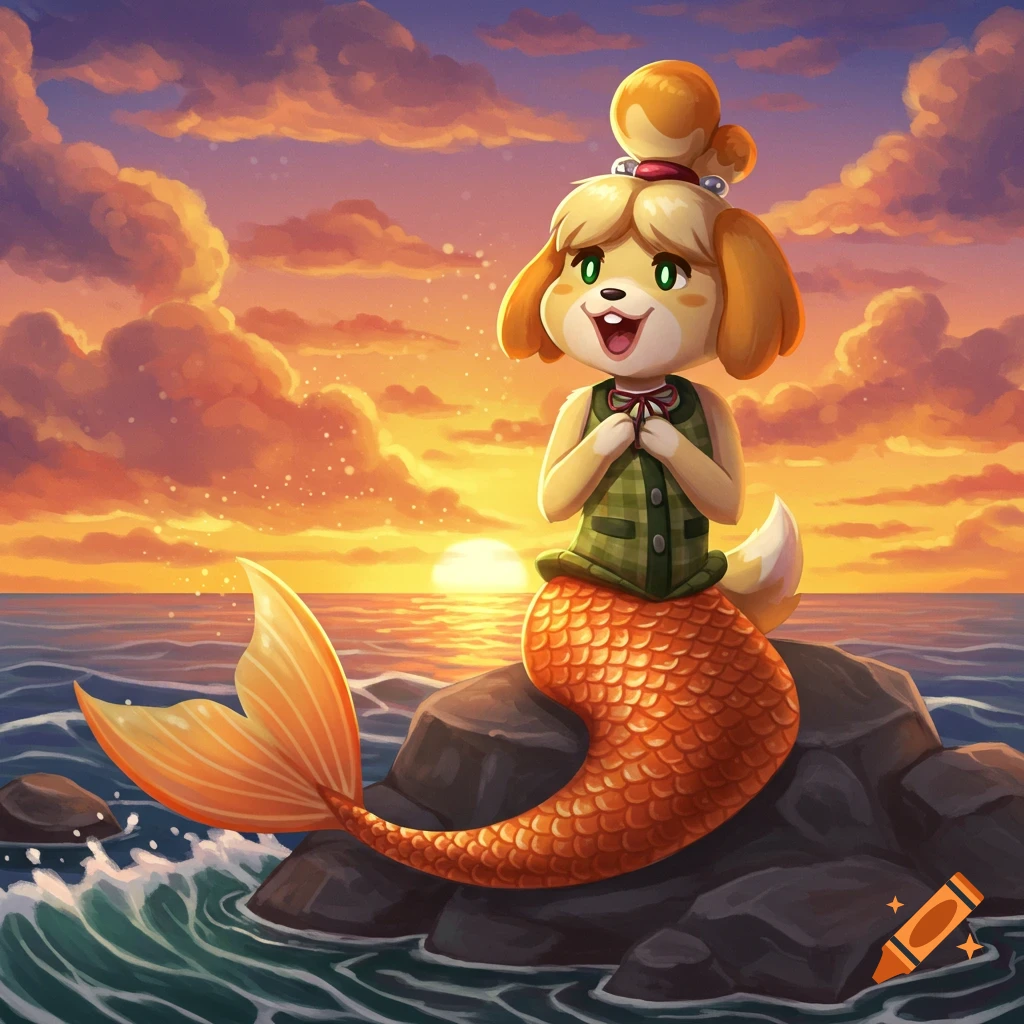 Isabelle from Animal Crossing as a mermaid, sitting on rocks in the ocean during a vibrant sunset.