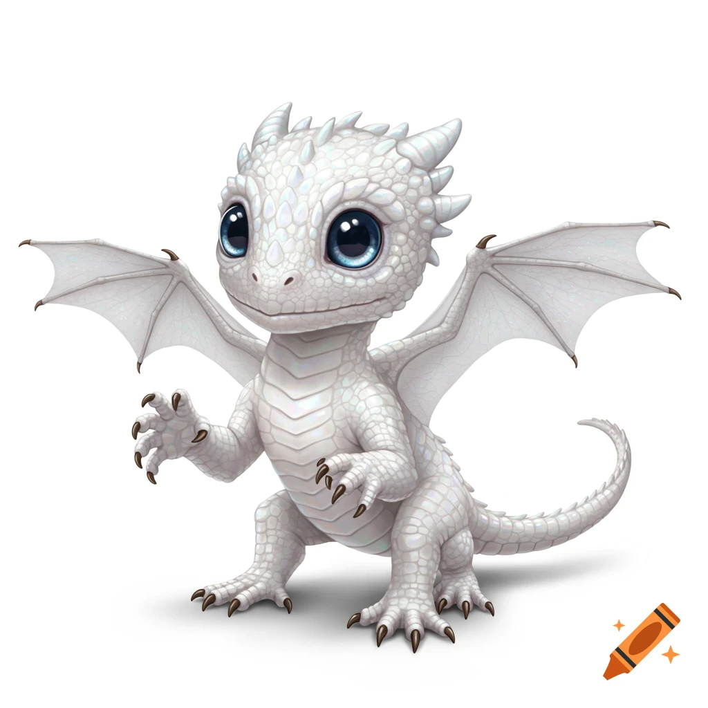 A cute, white baby dragon with large blue eyes and tiny horns stands on a white background.