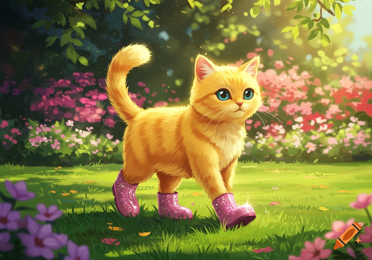 A cute orange cartoon cat with big blue eyes wears sparkling pink boots while walking through a bright, flowery garden.