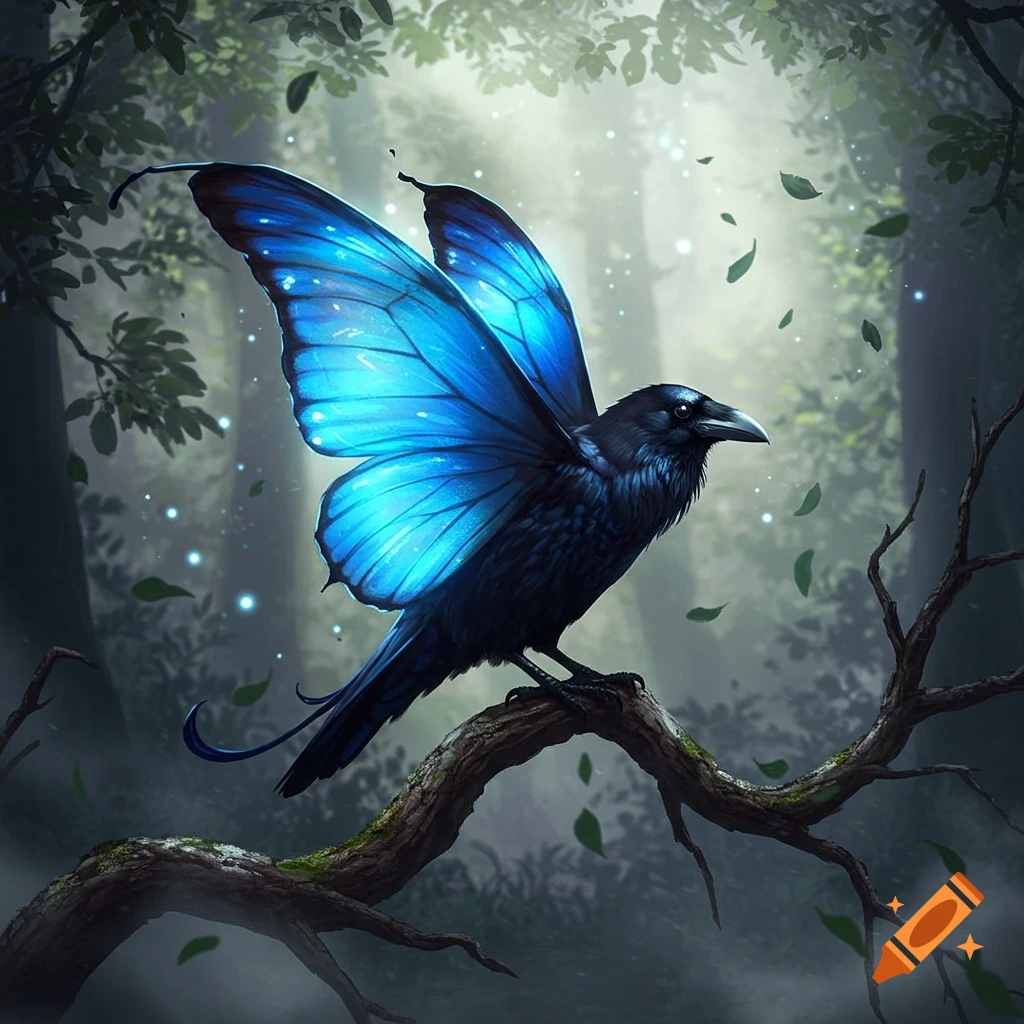 A majestic black raven with luminous blue butterfly wings perched on a mossy branch in a mystical, ethereal forest.