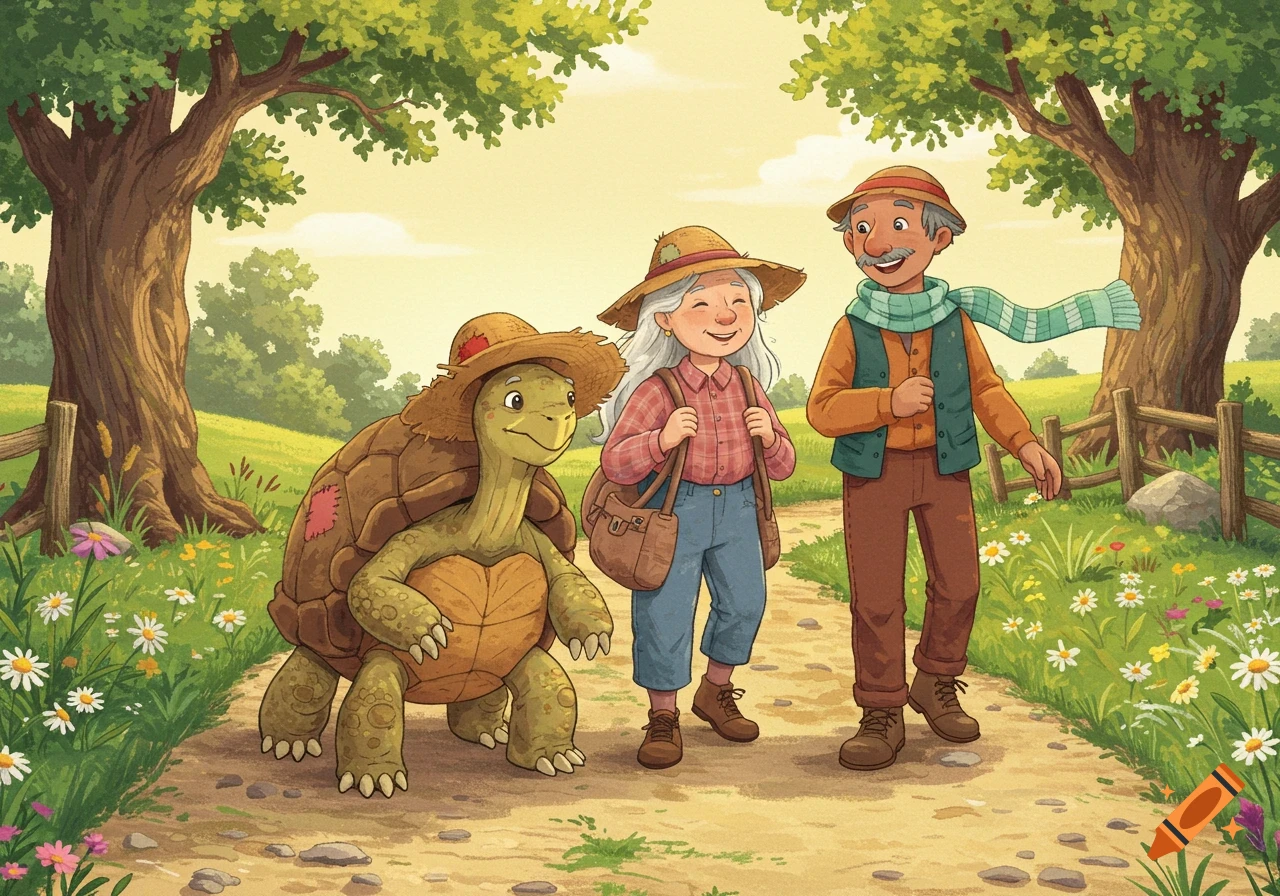 A friendly tortoise in a hat, an old woman, and an old man walk on a sunny path through a colorful storybook countryside.