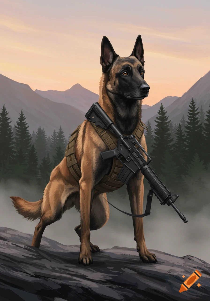 A Belgian Malinois military dog in a tactical vest with an M16 rifle on a rocky mountain overlooking a forest, digital art.