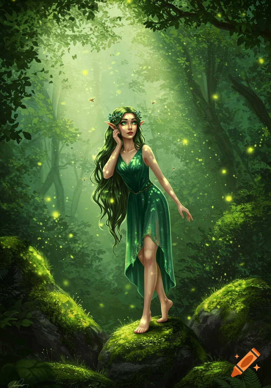 A barefoot elf woman with long green hair and a green dress stands on a mossy rock in a glowing, ethereal forest.