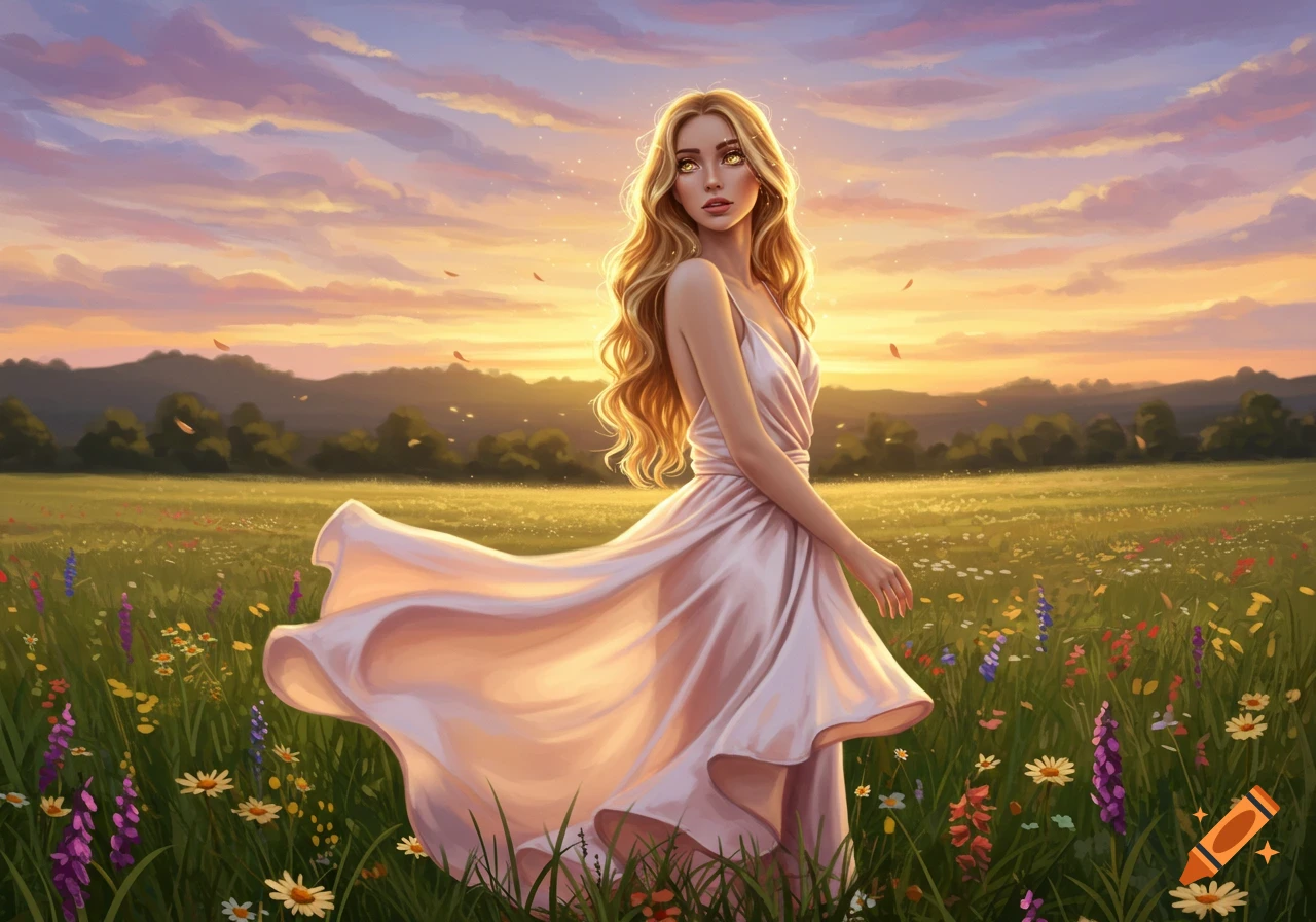 A beautiful woman with long blonde hair and glowing eyes in a flowing white dress stands in a vibrant flower field at sunset.