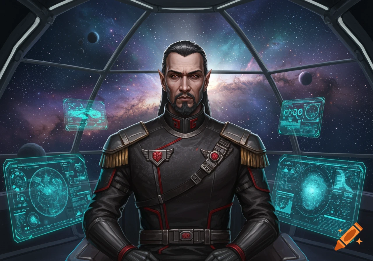 A stern man with pointed ears and a beard, in a black futuristic uniform, sits in a spaceship cockpit looking at space.