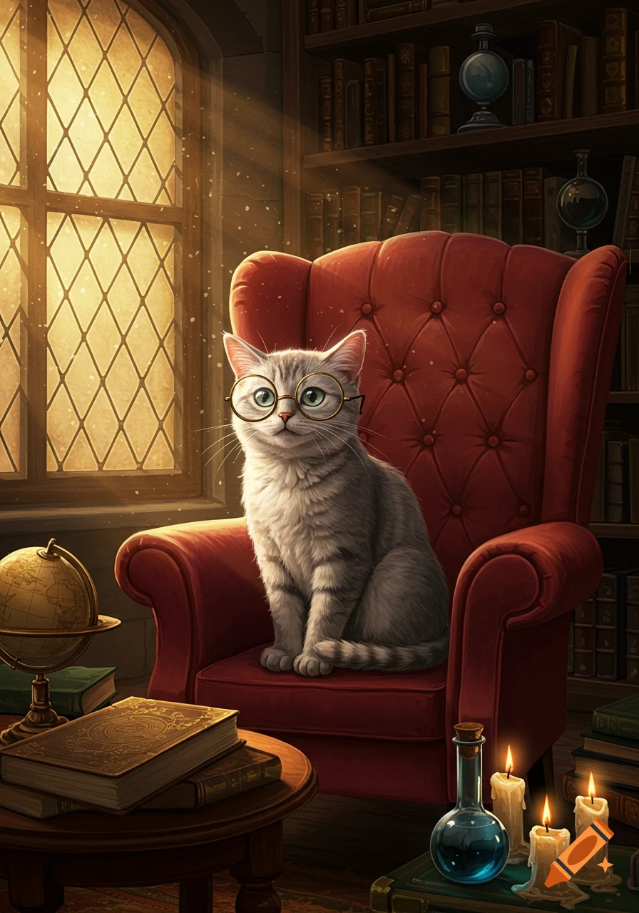 A cute gray tabby cat with round glasses sits in a red armchair in a cozy, sunlit library.