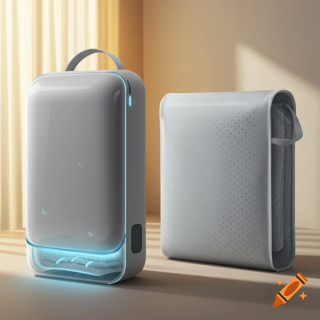 Two sleek, grey, futuristic laundry appliances, one glowing blue, in a softly lit room.
