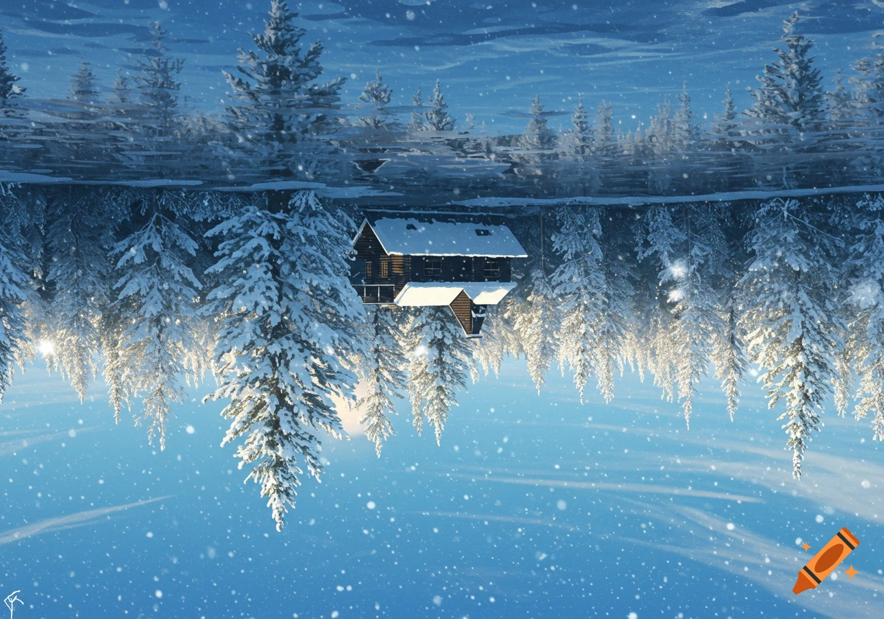 An upside-down winter landscape featuring a snow-covered cabin and pine trees reflected in an icy lake with falling snow.