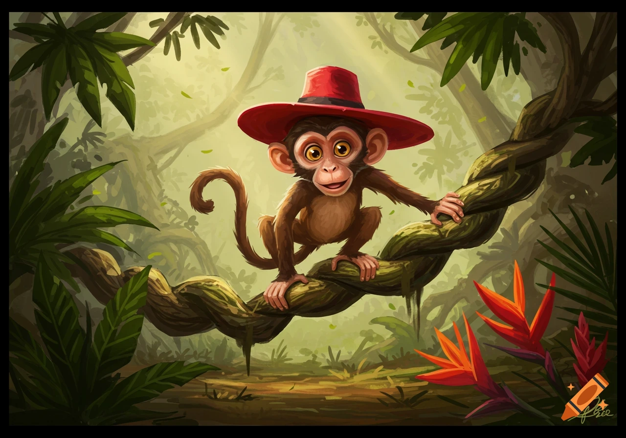 A happy cartoon monkey wearing a red hat sits on a thick vine in a lush green jungle with exotic red and orange flowers.