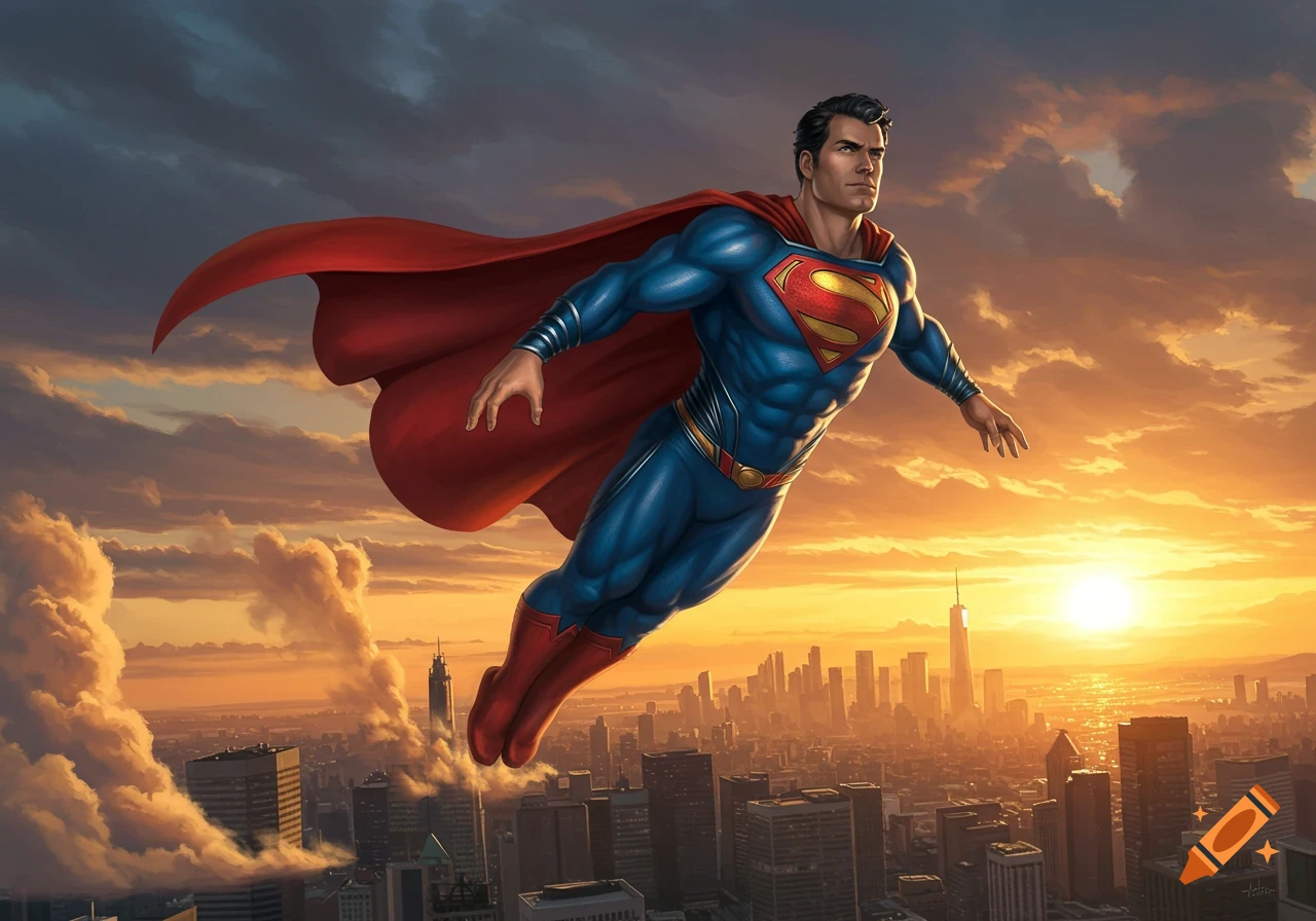 Superman in his iconic blue and red suit and cape flies majestically over a sprawling city skyline at sunset.