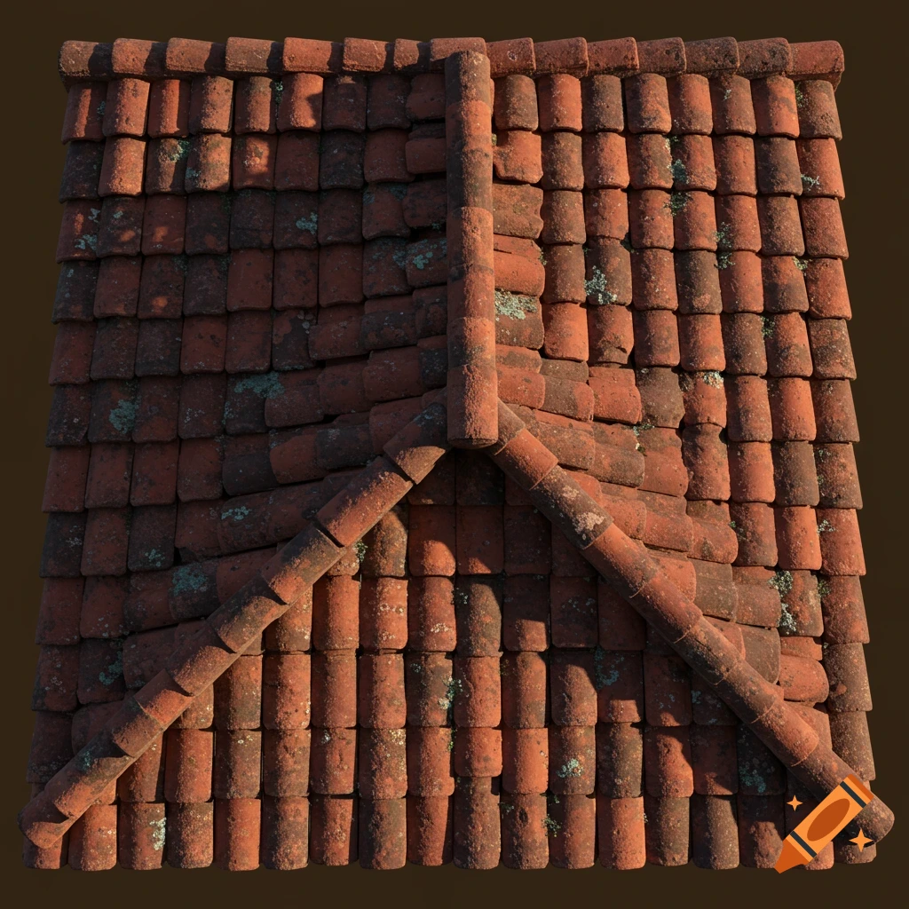 Top-down view of a weathered red tiled roof covered in moss, with a central ridge.