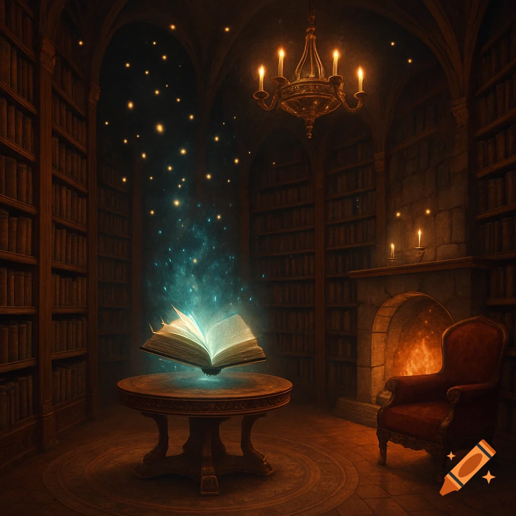 An open, glowing magical book on a table in a dark, ornate library with bookshelves, a fireplace, and a chandelier.