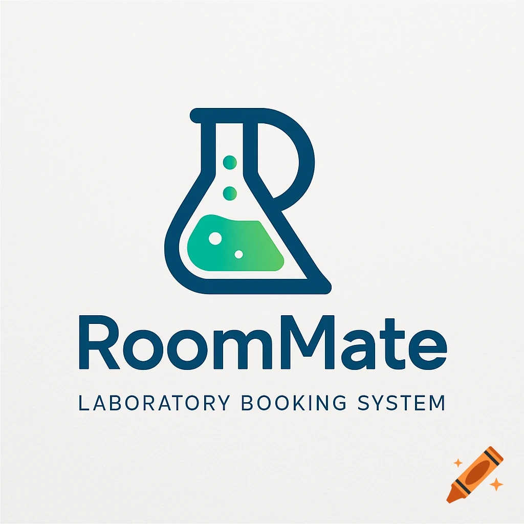 A logo with a blue stylized flask shaped like the letter 'R', containing green liquid, above 'RoomMate' and 'LABORATORY BOOKING SYSTEM'.