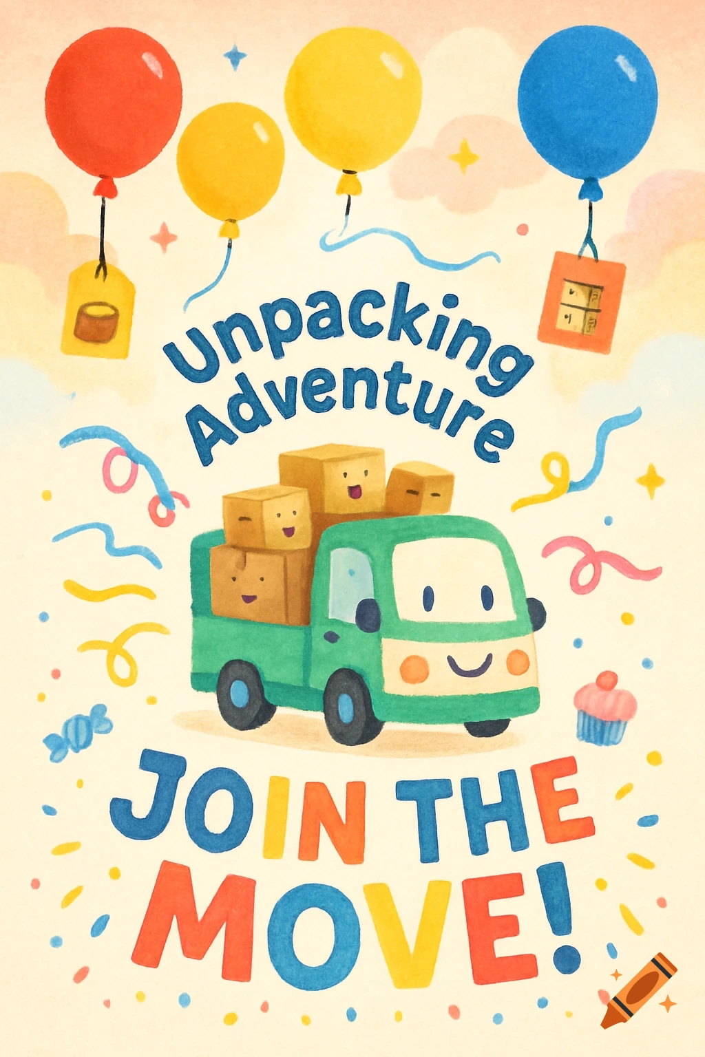Watercolor illustration of a green moving truck with smiling boxes, balloons, and text 'Unpacking Adventure JOIN THE MOVE!'.