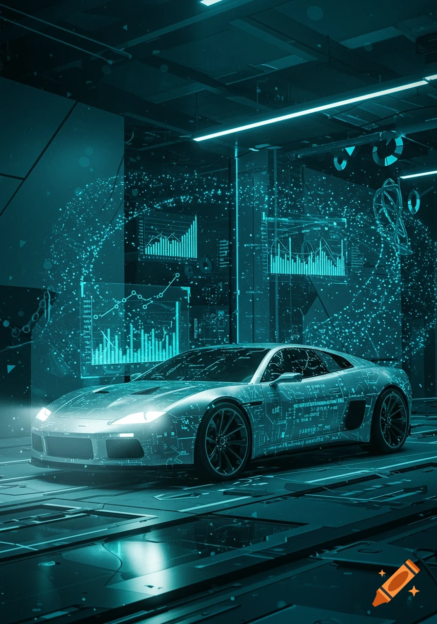 A sleek, futuristic car covered in glowing circuit patterns and data visualizations in a high-tech garage with holographic charts.