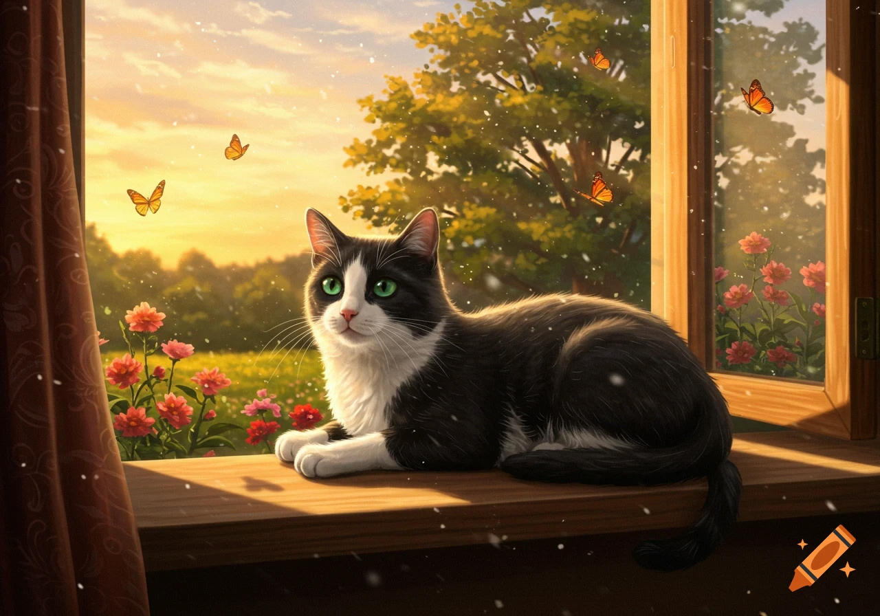 A black and white cat with green eyes sits on a wooden windowsill, looking out at a vibrant sunset sky with trees, flowers, and butterflies.