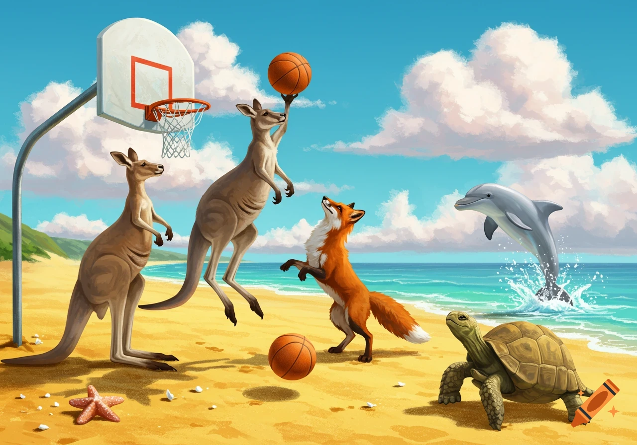Colorful illustration of two kangaroos and a fox playing basketball on a sunny beach, with a dolphin jumping out of the ocean and a turtle nearby.