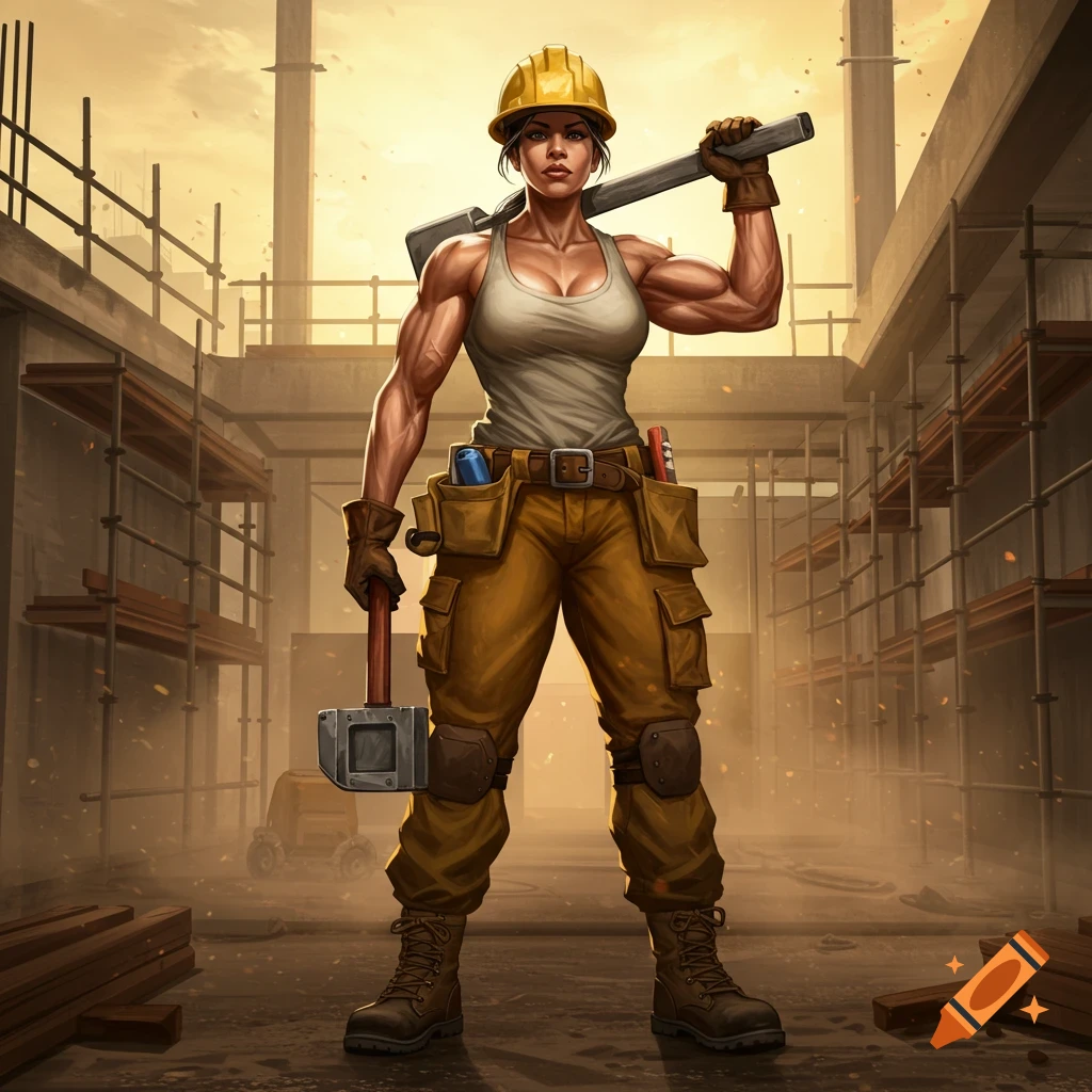 A muscular woman builder wearing a hard hat, tank top, work pants, and tool belt, holds a sledgehammer at a construction site in comic art style.